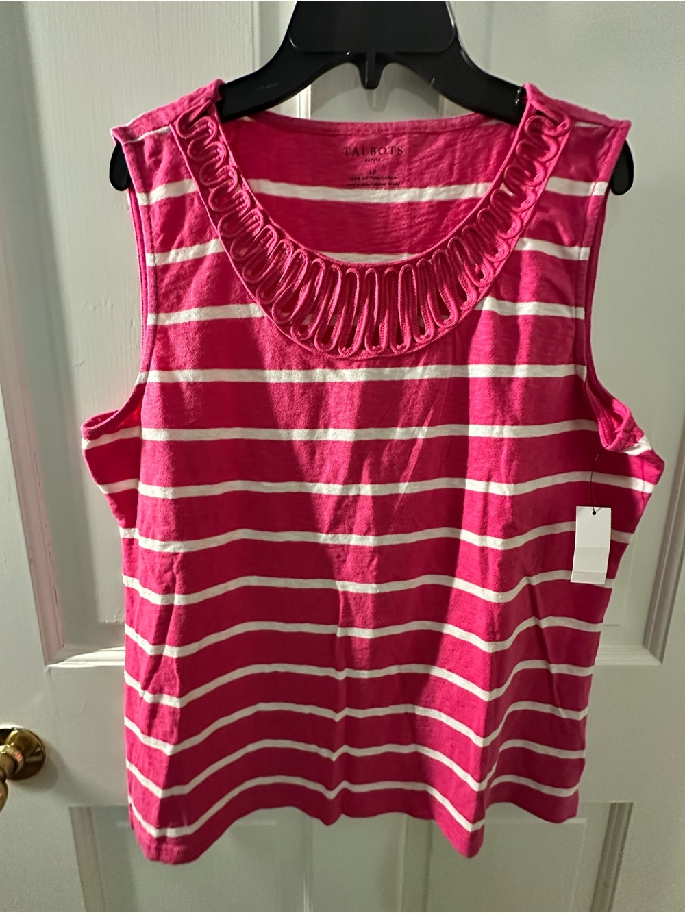 Talbots Hot Pink & White Striped Sleeveless Knit Top with Loop Trim